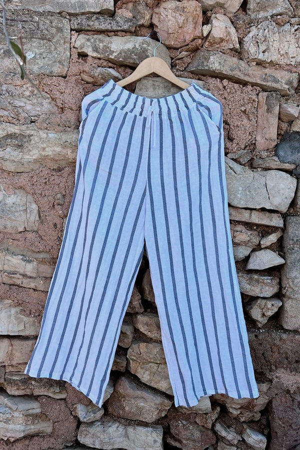 Holiday linen pants, blue and white stripes