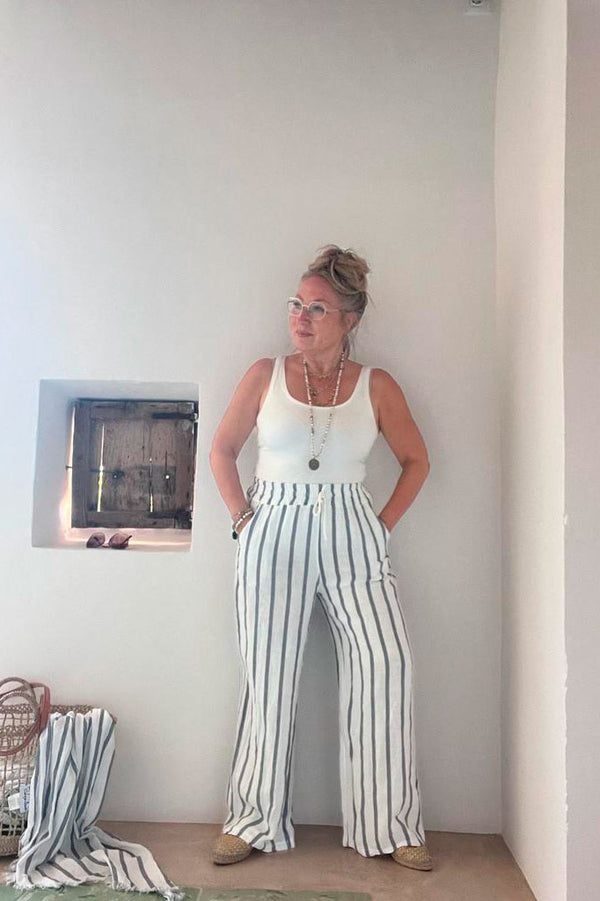 Holiday linen pants, blue and white stripes