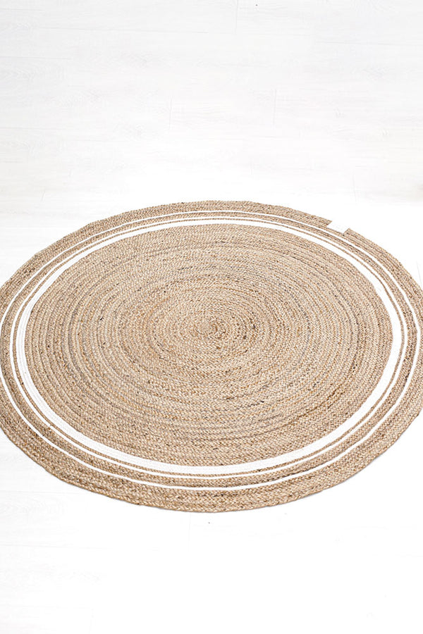 White stripe jute rug round 120cm, natural/white